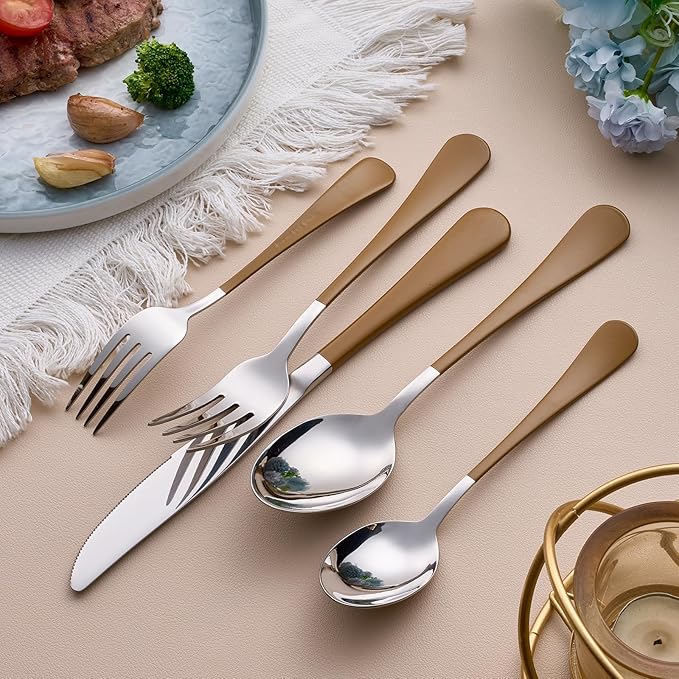 20-Piece Brown Silverware Set for 4, 18/0 Stainless Steel Flatware Cutlery Utensils Set, Include Dinner Knives,Dinner Forks,Dinner Spoons,Salad Forks,Teaspoons,Dishwasher Safe