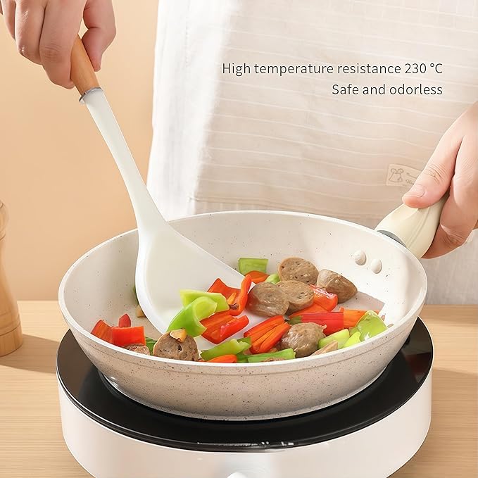 Quality Silicone Cooking Utensils Set - Non-Toxic, Heat-Resistant Kitchen Utensils Set with Food-Grade Silicone & Wood Handles - Includes Spatula & Spoon for Non-Stick Cookware, Translucent White