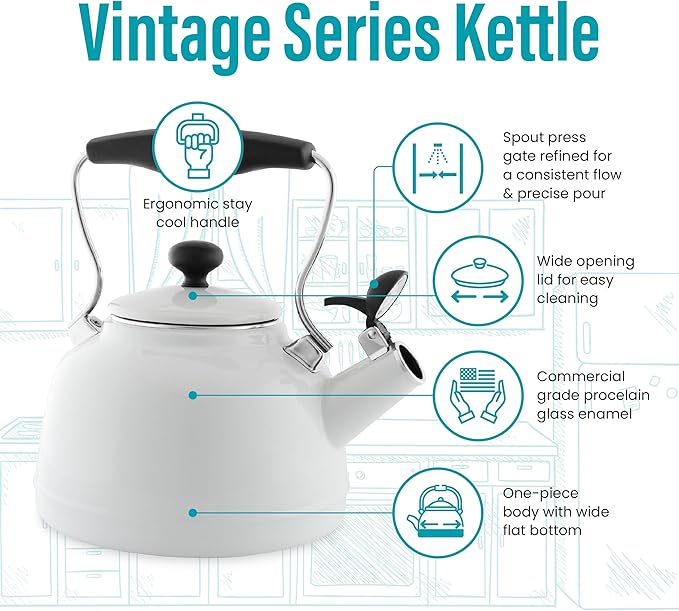 Chantal Tea Kettle, 1.7 QT, Vintage Series, Premium Enamel on Carbon Steel, Whistling, Even Heating & Quick Boil (White)
