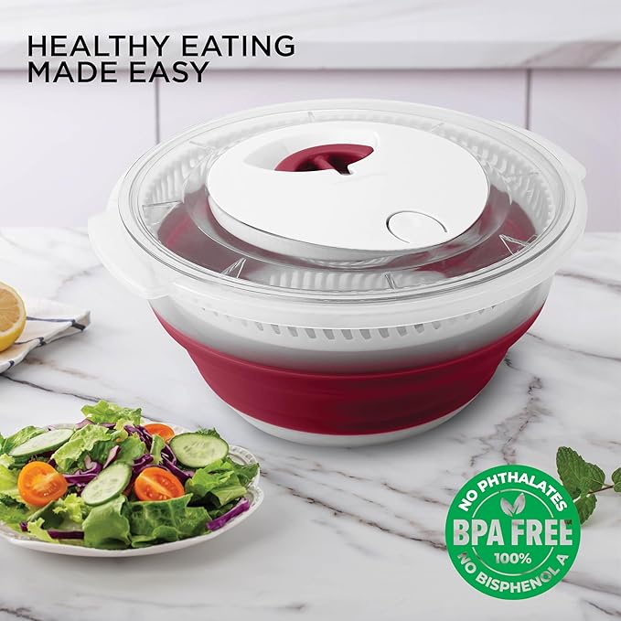 COOK WITH COLOR Collapsible Salad Spinner - 4 QT Space Saving Lettuce Dryer with Folding Collapsible Colander Great for Washing and Drying Fruit and Vegetables (Rose)