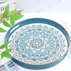 Round Cyan Decorative Tray for Coffee Table, Ottoman, 13” Plastic Serving Platter Tray with Handles for Entertaining, Living Room