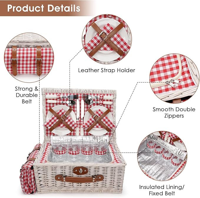 HappyPicnic Fitted Picnic Baskets Cooler Set for 4 Persons with Large Waterproof Picnic Blanket, Insulated Compartment and Cutlery Service Kit-Red