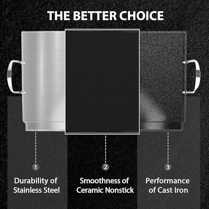 Utheer 25" x 16" Ceramic Nonstick Stainless Steel Griddle for Gas Grill, Charcoal, Large Stove Top Griddle, Non-Toxic, PFAS/PFOA/PTFE Free, Oven Up to 500°F, for BBQ, Camping & Kitchen, Black