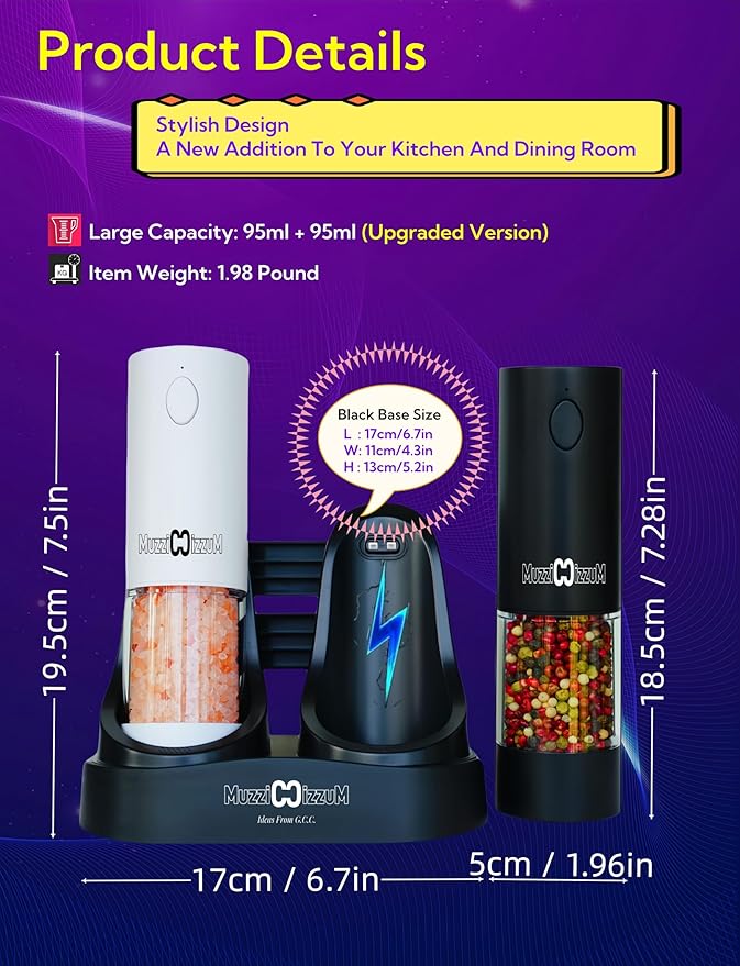 Electric Salt and Pepper Grinder Set with USB Charging Base, Upgraded 95ml Larger Capacity, Adjustable Coarseness, ABS Automatic Pepper Mill with One-Hand Operation, 2 Pack(Black+White)