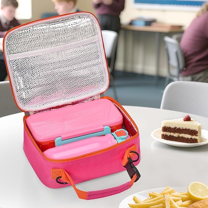 Kids Lunch Bento Box with Thermo Ice Pack Food Container with Insulated Lunch Bag, Insulated Water Bottle with Straw for Girls Boys,Pink