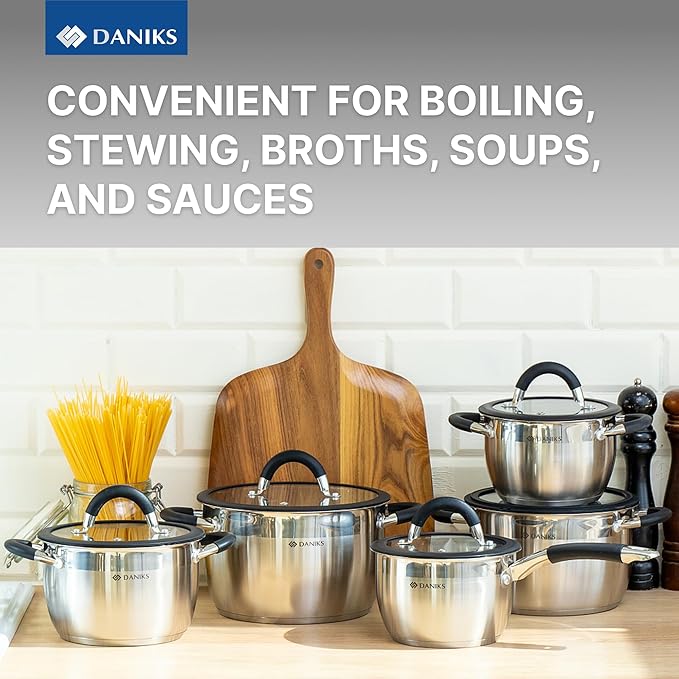 Daniks Orlando 10-Piece Stainless Steel Induction Cookware Set – Dishwasher Safe Saucepan, Pots with Heatproof Handles, Glass Lids, Measuring Scale, Silver