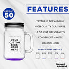 DISCOUNT PROMOS Custom Libbey Handle Mason Jars w/Lids 16 oz. Set of 50, Personalized Bulk Pack - Traditional style, High standard - Purple