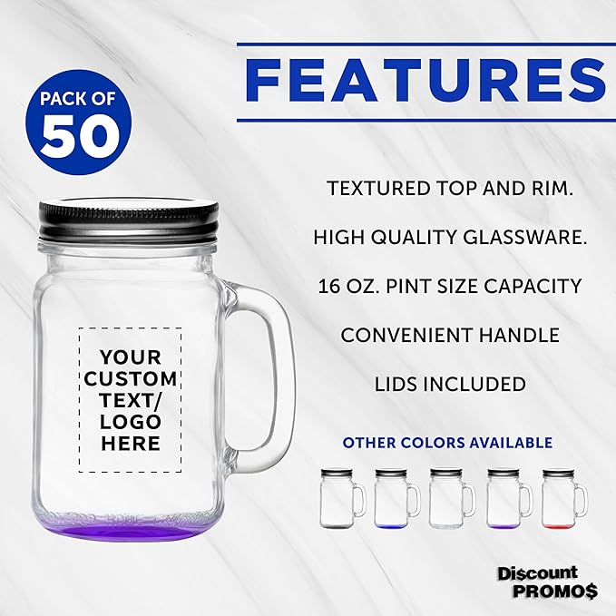 DISCOUNT PROMOS Custom Libbey Handle Mason Jars w/Lids 16 oz. Set of 50, Personalized Bulk Pack - Traditional style, High standard - Purple
