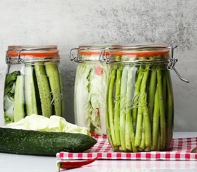 Wide Mouth Glass Jars with Airtight Lid 32OZ 4 Pack, Kitchen Storage Large Clear Canister Jars with Hinged Lid with Measurement Marks For Canning,Coffee,Flour,Sugar,Beans