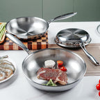 10 Inch Tri-Ply Stainless Steel Frying Pan with Lid,Whole-Clad No Coatings Skillet with Stay-cool Handle for Cooking,Dishwasher and Oven Safe,Induction Pans