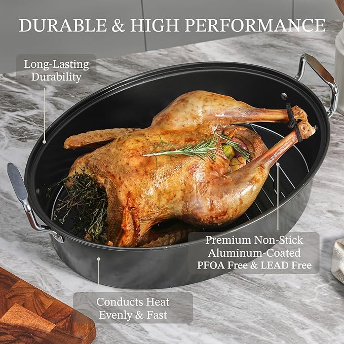 KITESSENSU Extra Large Roasting Pan with Lid - Nonstick Turkey Roaster Pan with Rack 18.5 x 14.5 Inch - Heavy Duty Covered Roasting Pot - All Ovens Fit & Dishwasher Safe, Gray