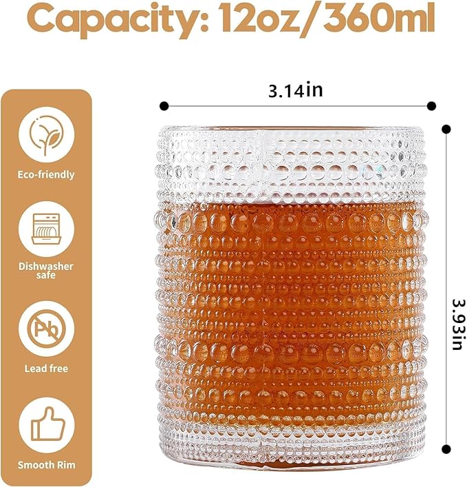 Hobnail Drinking Glasses Set of 6,12 oz Vintage Glassware Set Cocktail Glass Set, Embossed Clear Water Tumbler,for Beer, Whiskey,Juice and Various Mixed Drinks (12oz Clear)