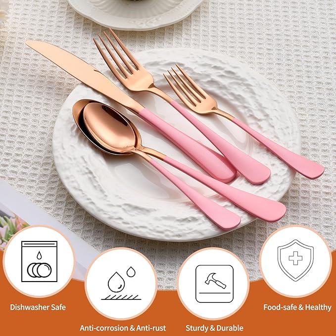20 Piece Rose Gold Pink 18/0 Flatware Utensil Set for 4, Include Dinner Knife,Dinner Forks,Dinner Spoons,Salad Forks,Teaspoons,Silverware Set for 4, Dishwasher Safe