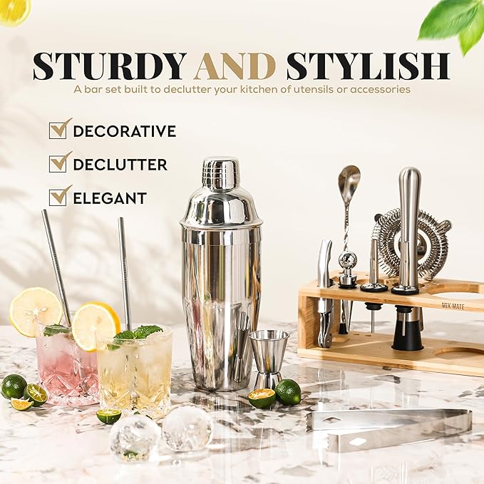 Mixology Bartender Kit with Stand - 15 Piece Bar Tool Set, Silver Bar Set Cocktail Shaker Set for Drink Mixing - Includes Martini Shaker, Jigger, Strainer, Bar Mixer Spoon, Tongs | Gift Idea (Natural)