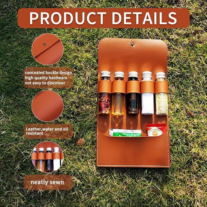BY-J Camping Spice Kit with 5 Jars, Foldable Leather Spice Holder Seasoning Storage Bag, Condiment Container Set for Outdoor Picnic BBQ, Waterproof Travel Seasoning Container, Red