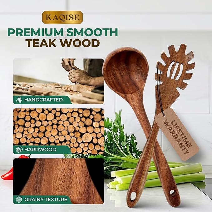 Wooden Spoons for Cooking, 2Pcs Wooden Kitchen Utensils, Wooden Pasta Fork and Ladle for Spaghetti, Nostick Teak Wood Utensil Set for Cooking (Ladle & Spaghetti Server)