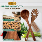 Wooden Spoons for Cooking, 2Pcs Wooden Kitchen Utensils, Wooden Pasta Fork and Ladle for Spaghetti, Nostick Teak Wood Utensil Set for Cooking (Ladle & Spaghetti Server)