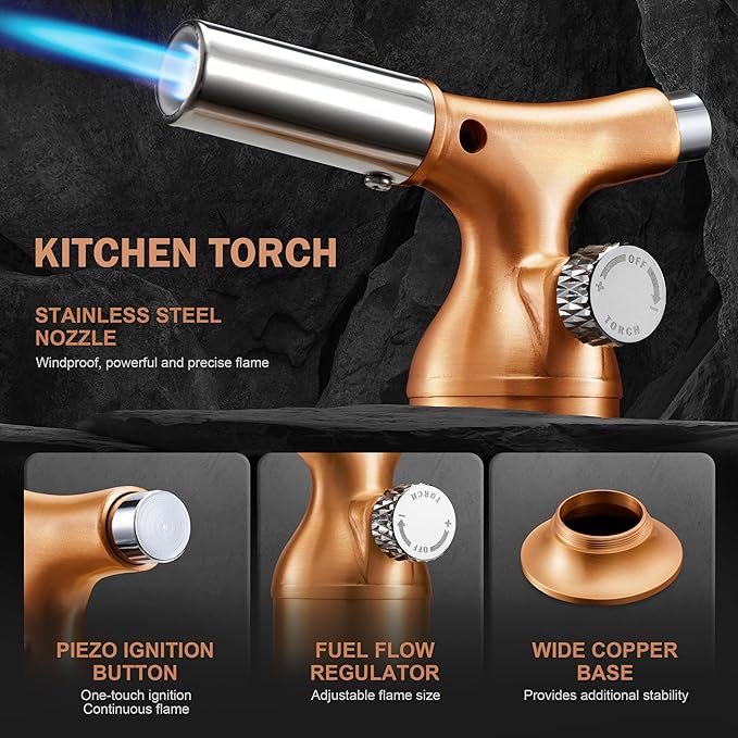 RAVS Butane Torch Lighter with Solid Copper Design, Kitchen Torch Lighter with Adjustable Flame, Refillable Creme Brulee Torch for Cooking, Soldering, Birthday Gifts for Women Men, Butane Not Included