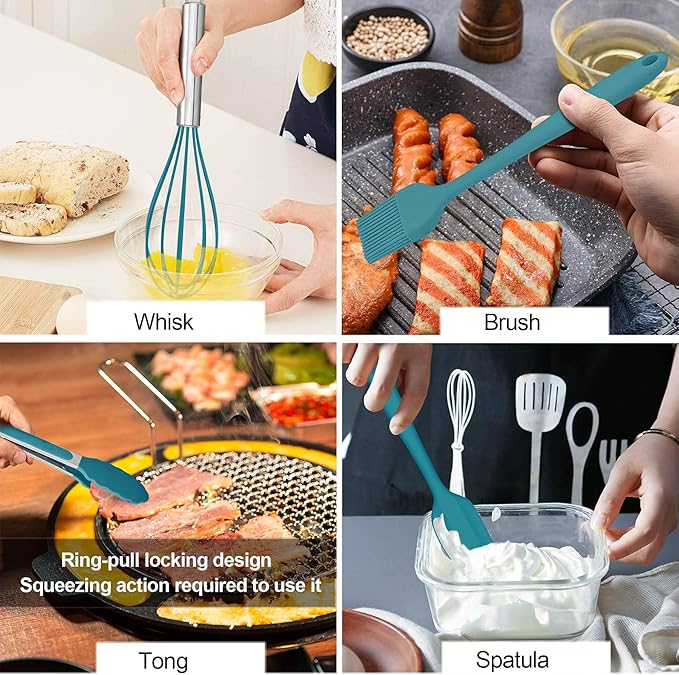 LIANYU 12-Piece Silicone Kitchen Cooking Utensils Set with Holder, Kitchen Tools Include Slotted Spatula Spoon Turner Ladle Tong Whisk, Dishwasher Safe, Dark Blue