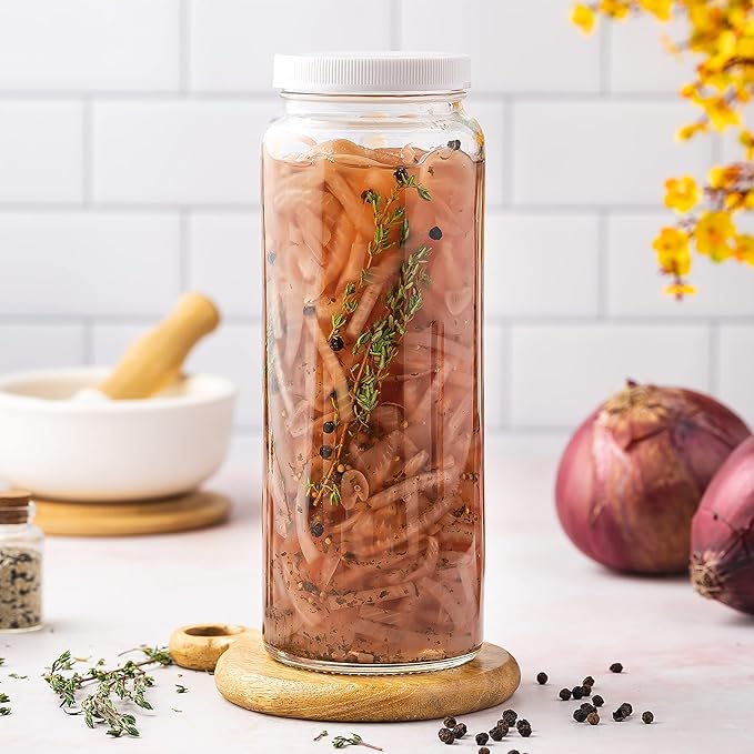 All About Juicing Glass Bottles Set - 32 oz Jars, 4 Pack Wide Mouth with Lids for Juice, Smoothies, Water, Milks, Beverage Storage - Large Jug, Clear, Durable, Reusable, Dishwasher Safe, Leak Proof