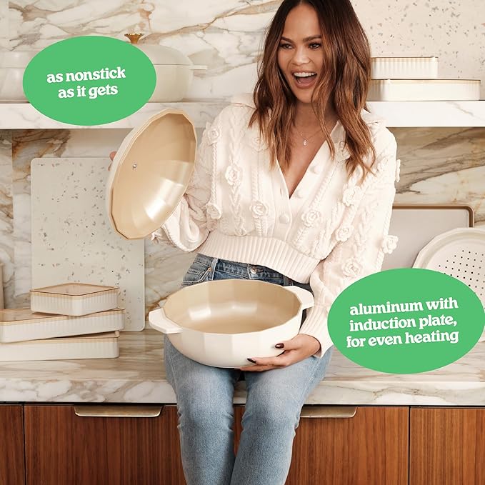 Cravings by Chrissy Teigen The Perfect Pan 5.3 Qt Dutch Oven Pot with Lid, Nonstick Lightweight Aluminum Everyday Pot with Steamer/Strainer Insert, Oven & Stovetop Safe (White)