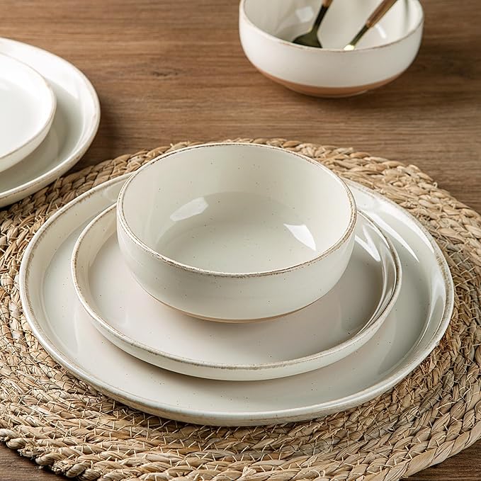 AmorArc Ceramic Dinnerware Sets for 4, 12 Pieces Handpainted Plates and Bowls Set with Rustic Terracotta Underside, Scratch Resistant Stoneware Dishes Set, Dishwasher & Microwave Safe, Beige