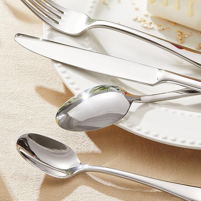 KINGSTONE 45 Pieces Silverware Set for 8, Premium Stainless Steel Flatware Set with Serving Utensils, Heavy Duty and Modern Design Cutlery Set, Mirror Polished, Dishwasher Safe