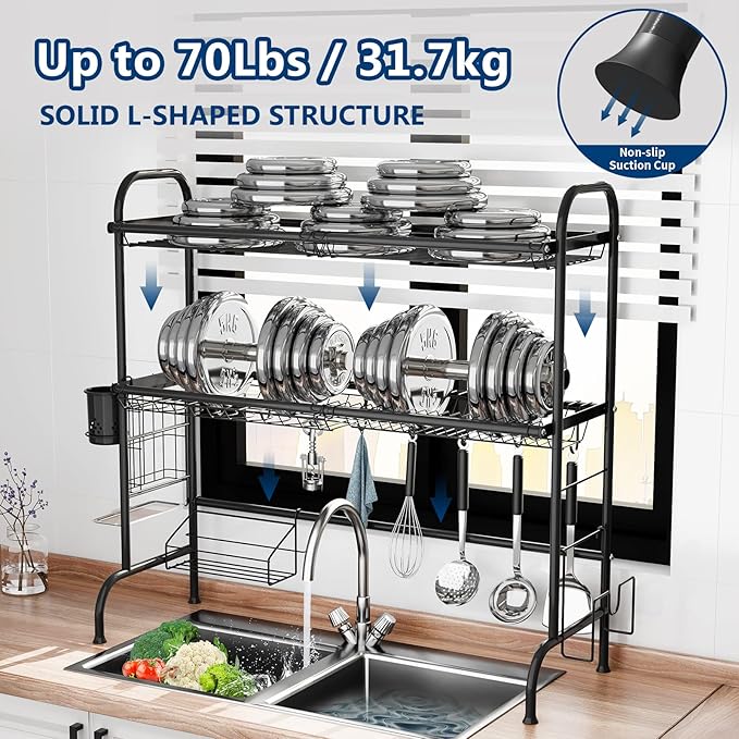 MOUKABAL Dish Drying Rack - Stainless Steel Over The Sink Dish Drying Rack (Expandable Length), 2 Tier Large Dish Rack with Utensil Holder, 32.3" - 33.9"(L) x 11.4"(W) x 32.3"(H) Black