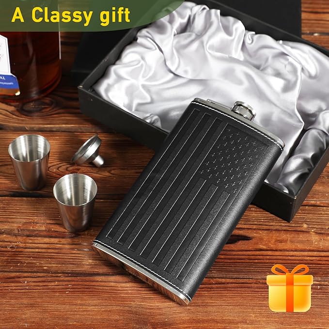 Flask For Men,350ml/12oz Hip Flask, 304 Food Grade Stainless Steel,2 Cups And Funnel Portable Gift Box For Whiskey Rum Groomsman Best Man Usher Wedding-Leather America Flag Black
