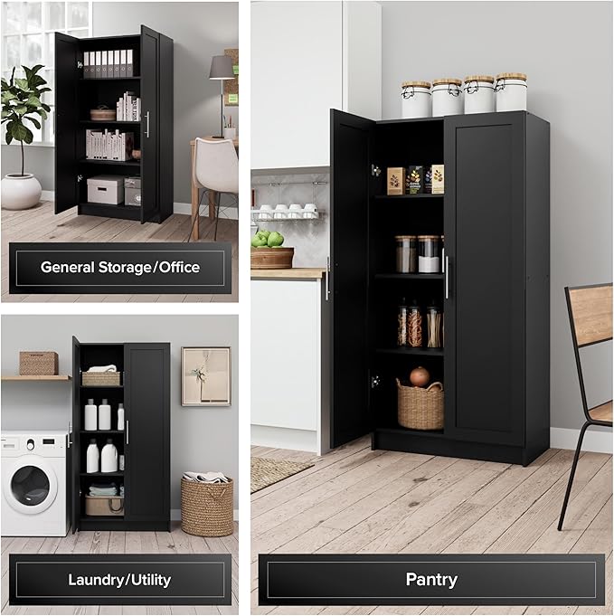 Prepac Elite Accent Cabinet with Panel Doors, Black Storage Cabinet, Bathroom Storage, Pantry Cabinet with 3 Shelves 16.75" D x 32" W x 65" H