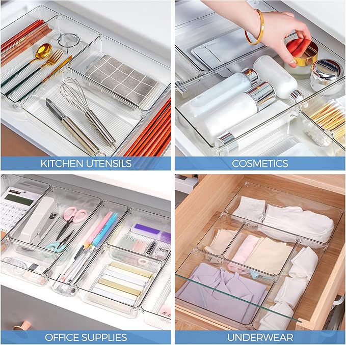 Ravinte 6 Pack Drawer Organizer - 3" X 9" Plastic Storage Bins, Acrylic Organizers with Non-Slip Pads Clear Desk Storage Tray for Makeup, Jewelries, Kitchen Utensils, Bathroom and Office