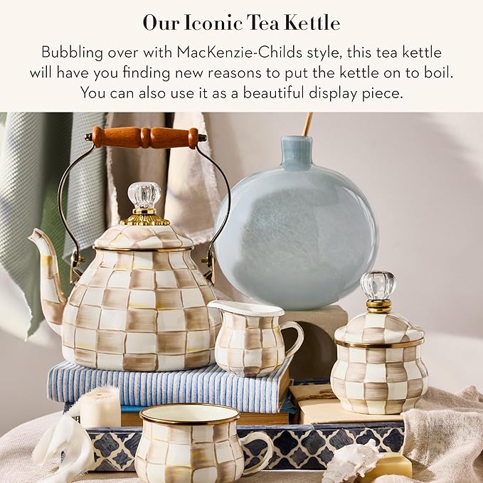 MACKENZIE-CHILDS Enamel Tea Kettle, Stylish Tea Kettle for Stovetop, Brown-and-White Mocha Check, 2 Quarts