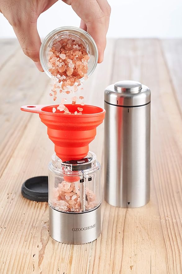 Electric Salt and Pepper Mill Grinder Set (Do Not Use Rechargeable Batteries), Battery Operated Automatic One Handed Pepper Salt Mill with Funnel and Adjustable Coarseness