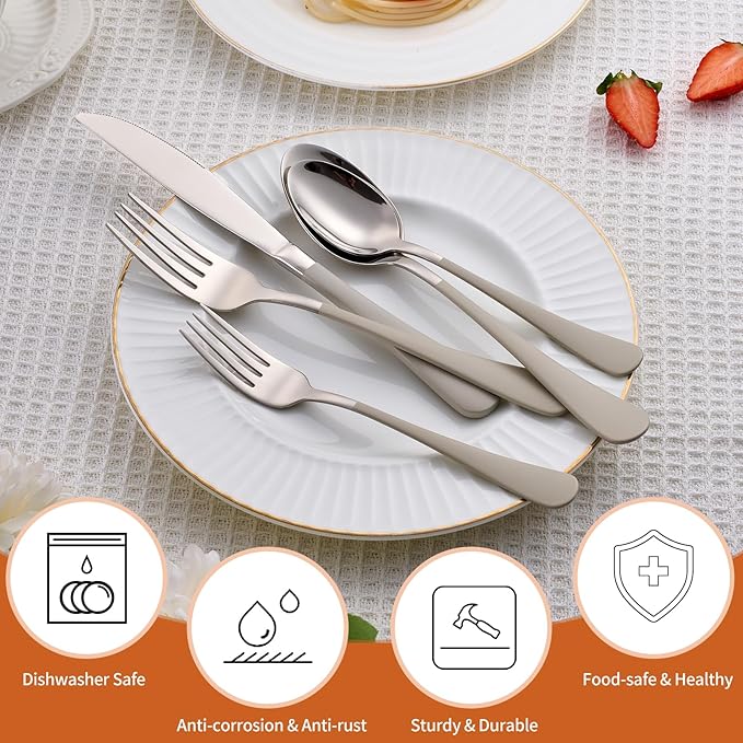 20 Piece Cream Grey 18/0 Flatware Utensil Set for 4, Include Dinner Knife,Dinner Forks,Dinner Spoons,Salad Forks,Teaspoons,Silverware Set for 4, Dishwasher Safe