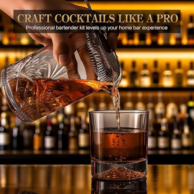 Cocktail Mixing Glass, veecom 6 Piece Crystal Bar Mixing Glass Bartender Set with Bamboo Stand, 18oz Old Fashioned Kit Cocktail Beaker Glass Set with Strainer, Muddler, Spoon, Jigger