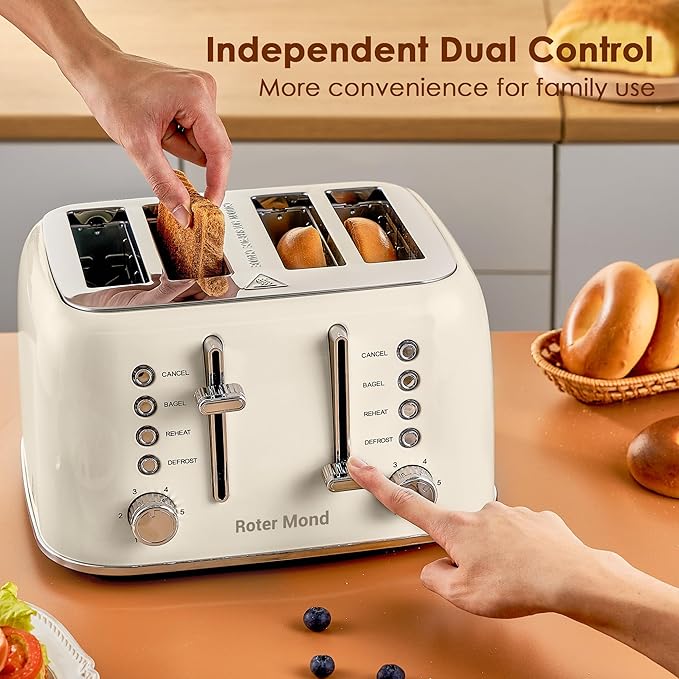 Roter Mond Toaster 4 Slice Retro Stainless Steel with Extra Wide Slots Bagel, Defrost, Reheat Function, Dual Independent Control Panel, Removable Crumb Tray, 6 Browning Levels, Cream White