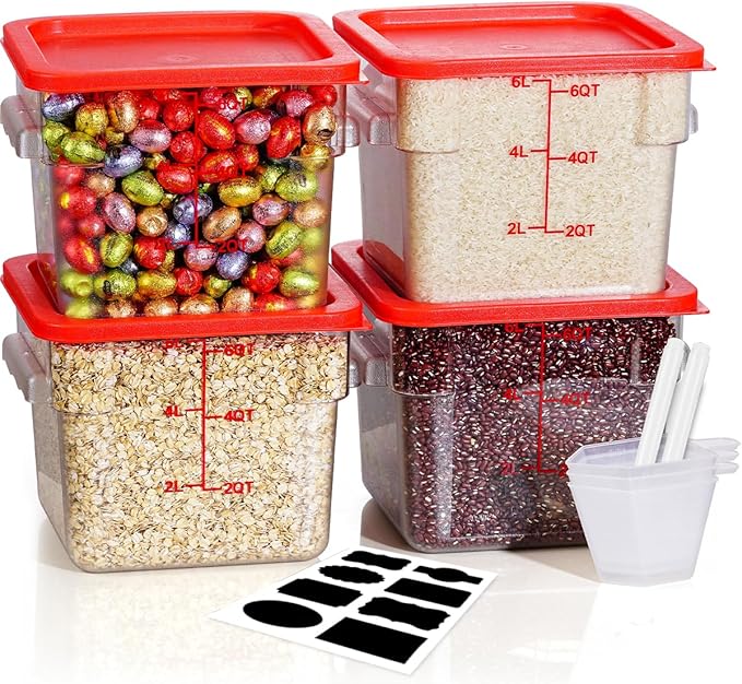 4QT NSF Food Storage Containers with Lids: 4 PCS [Total Food Grade][Hot&Cold Resistant] Commercial Clear Food Storage Containers for Restaurant Kitchen Proof Dough, Measuring Spoons Included(Red)