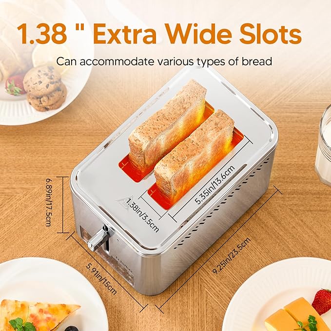 Trisiko® Touch Screen Toaster 2 Slice, Stainless Steel Smart Toaster with Digital Timer, 1.38" Extra-Wide Slots for Bread& Bagel,with Reheat, Defrost, Cancel, +15s Boost, Great for Home, Office, Dorm
