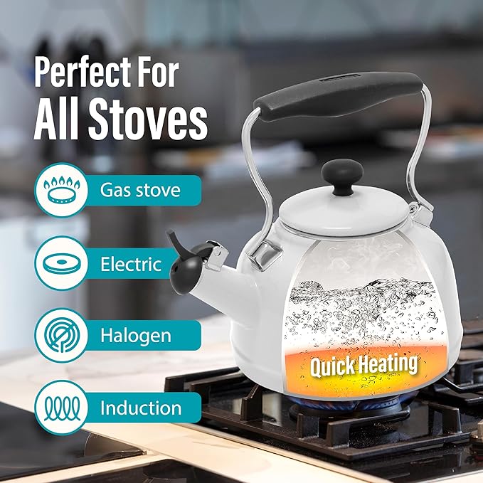 Chantal Tea Kettle, 1.7 QT, Vintage Series, Premium Enamel on Carbon Steel, Whistling, Even Heating & Quick Boil (White)