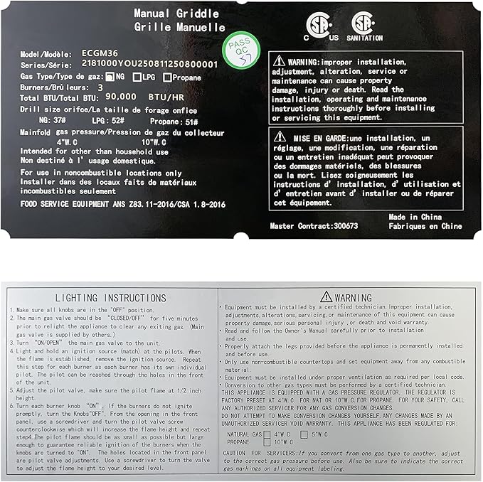 36 Inch CSA Certified Commercial Natural Gas Griddle Manual Controls 90,000 BTU Countertop Flat Top Grill Hot Plate with Independeent Knob 3 Burners Stainless Steel Grill for Restaurant Use