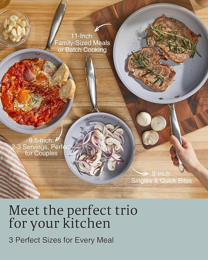 KITEXPERT Non Stick Frying Pans, Titanium Ceramic Skillet Set for Cooking, 8" 9.5" 11" Non Toxic Ceramic Pans with Stay Cool Handle, PFAS & PTFE & PFOA Free, Dishwasher and Oven Safe, Grey