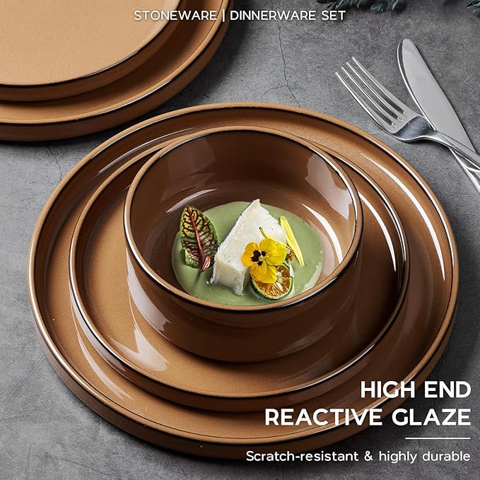 Stoneware Dinnerware Sets for 4, Onader Plates and Bowls with Unglazed Terracotta Bottom, Elegant Kitchen Ceramic Dish Dishware Set, Reactive Glaze 12 Piece - Earthy Umber