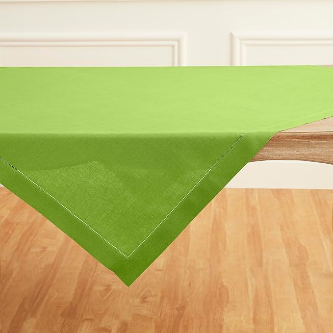 Solino Home Linen Square Tablecloth 52 x 52 Inch - 100% Pure Linen Lime Green Table Throw - Classic Hemstitch, Machine Washable Table Cloth for Summer