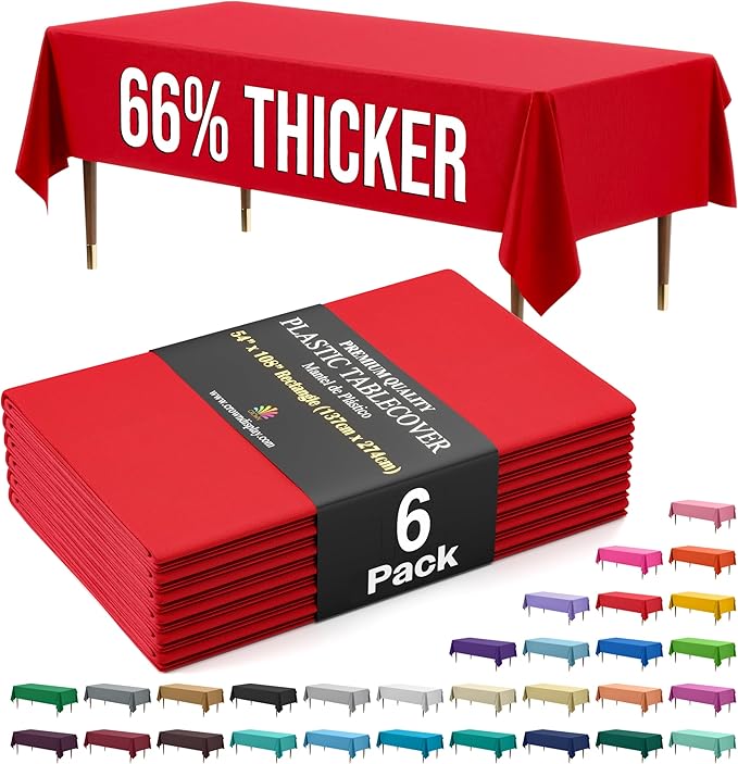 Party Solids 66% Thicker Premium Plastic Table Cloth Rectangle Table Cover 0.5 Mil 6 Pack Red Table Cloth 54 Inch x 108 Inch Disposable Tablecloth Won't Tear Easily Like Cheap Thin Brands