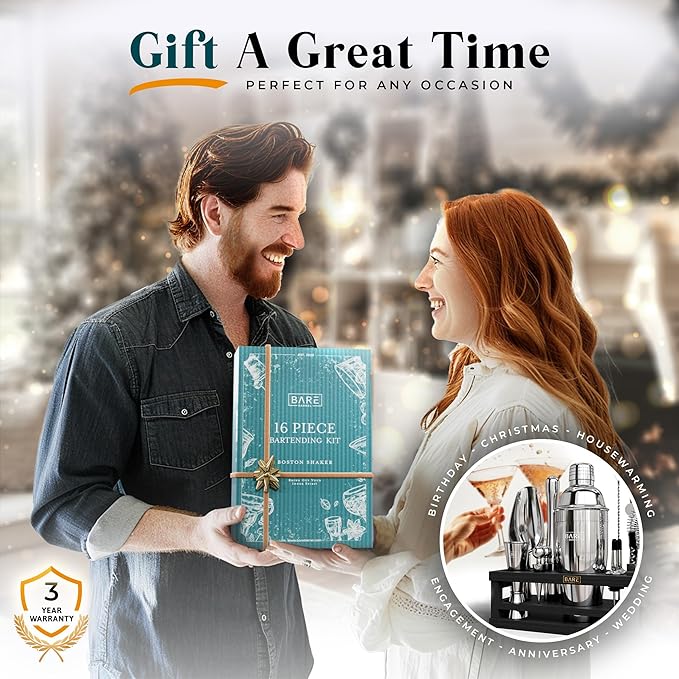 BARE BARREL® Mixology Bartender Kit Bar Set | 16-Piece Cocktail Shaker Set | Martini Barware Mixing Tools for Home Bartending | Incl. 35 Recipe Cards | Gift Set (24oz Cobbler Shaker, Silver/Black)