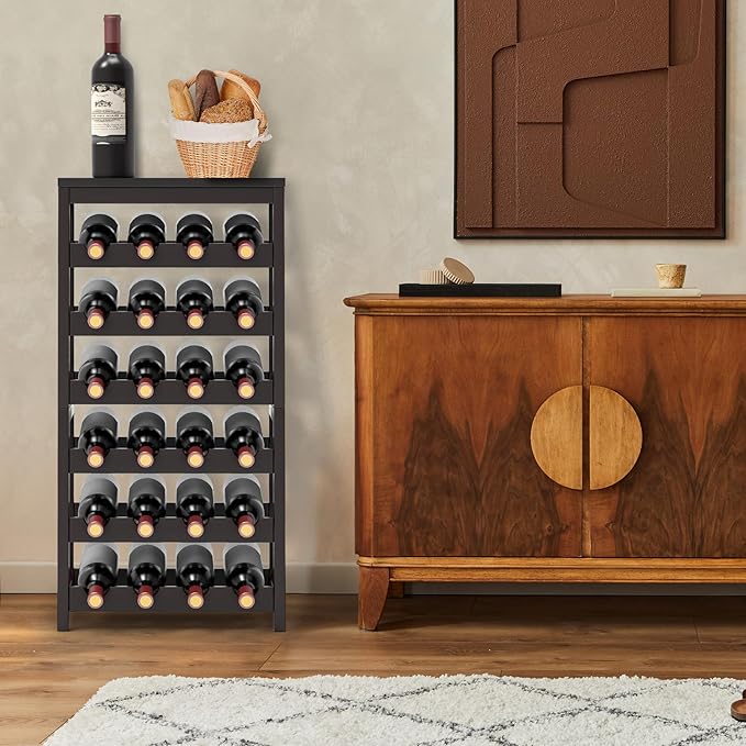 24 Botttle Wine Rack Freestanding Floor, 6 Tier Wine Rack Shelf with Table Top, Bamboo Wine Rack, Wine Storage Shelves Kitchen Bar Dining Room Living Room - Dark Brown