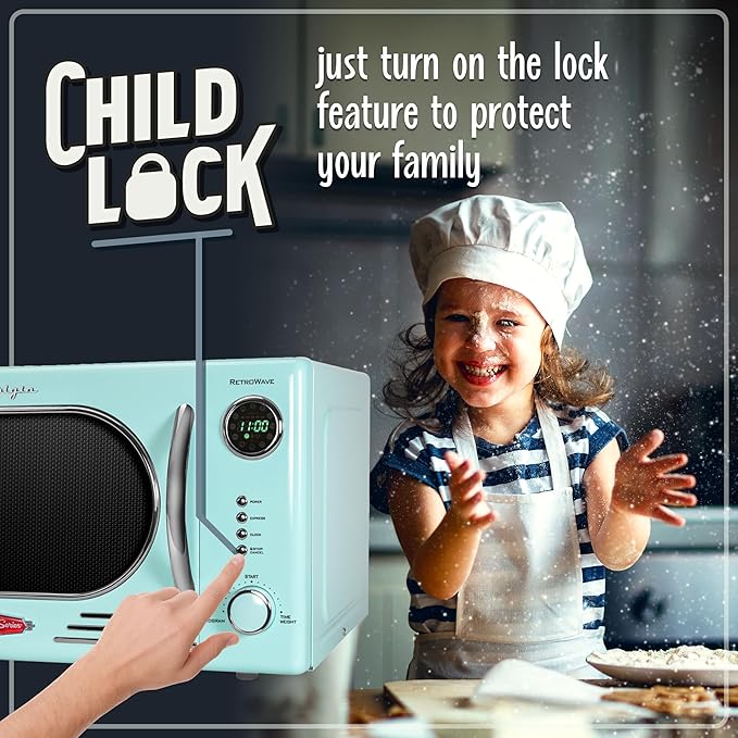 Nostalgia NRMO11AQ6A 1000 Watt Power Retro Countertop Microwave Oven Easy to Clean with Removable Glass Turntable-Child Safety Lock-12 Programs-Digital Clock, 1.1 Cu. Ft, Aqua