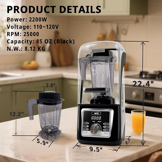 VONCI 2200W Commercial Blender With Sound Enclosure, 85OZ Large Capacity Quiet Blender For Smoothies, Heavy Duty Industrial Blenders For Restaurant, Perfect For Kitchen, Ice Crush, Milk Shake, Fruits