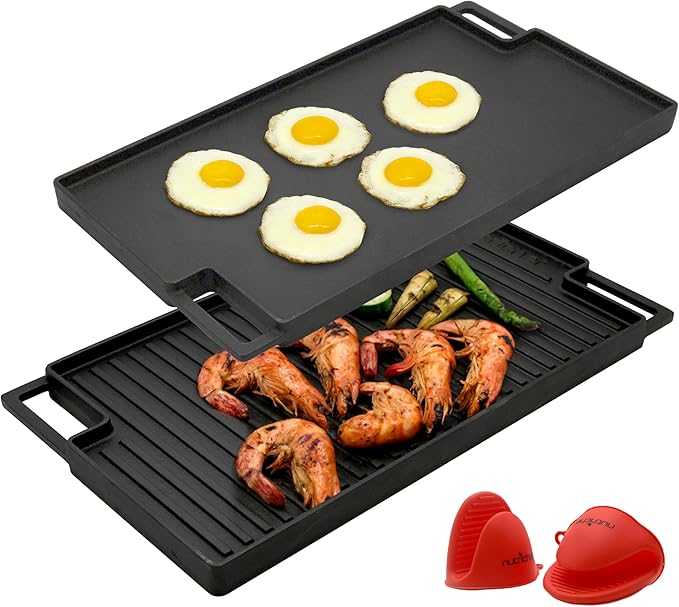 NutriChef Cast Iron Reversible Grill Plate, 18” Flat Skillet Griddle Pan for Stove Top, Gas Range Grilling Pan with Silicone Oven Mitt, Compatible with Electric, Ceramic & Induction Cooktops, 18”x10”