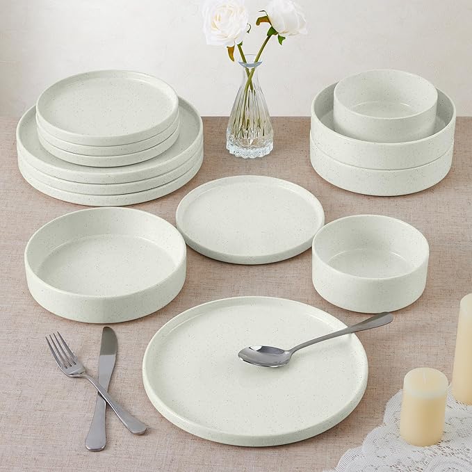 E-far Dinnerware Sets for 6, 18-Piece Stoneware Plates and Bowls Set, Modern Kitchen Dinning Dishware, Chip and Scratch Resistant, Microwave & Dishwasher Safe, Speckled White